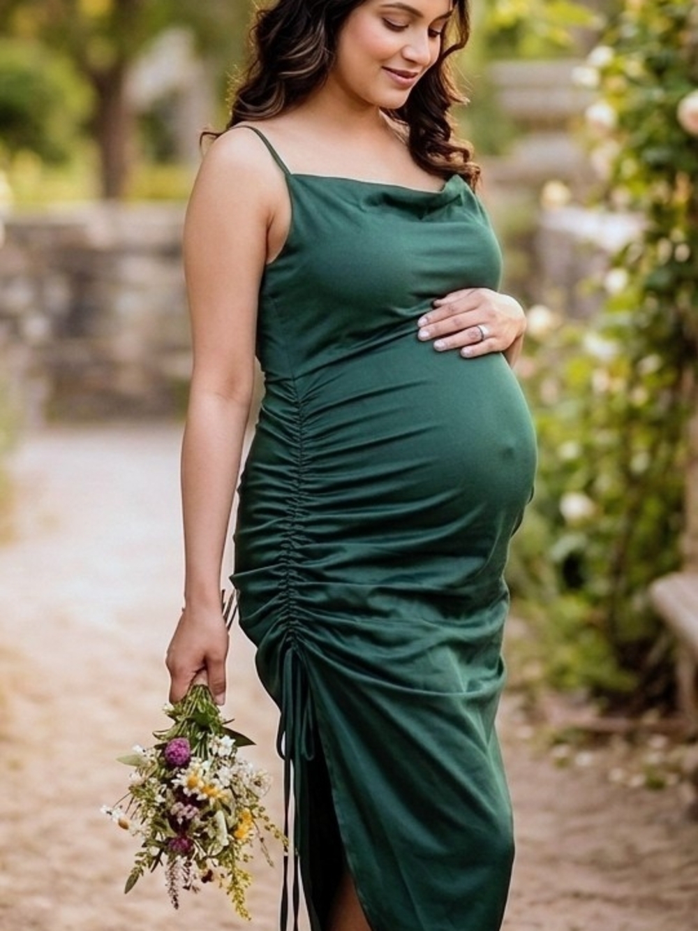 PrettyLittleThing Emerald Green Ruched Spaghetti Strap Maternity Midi Dress